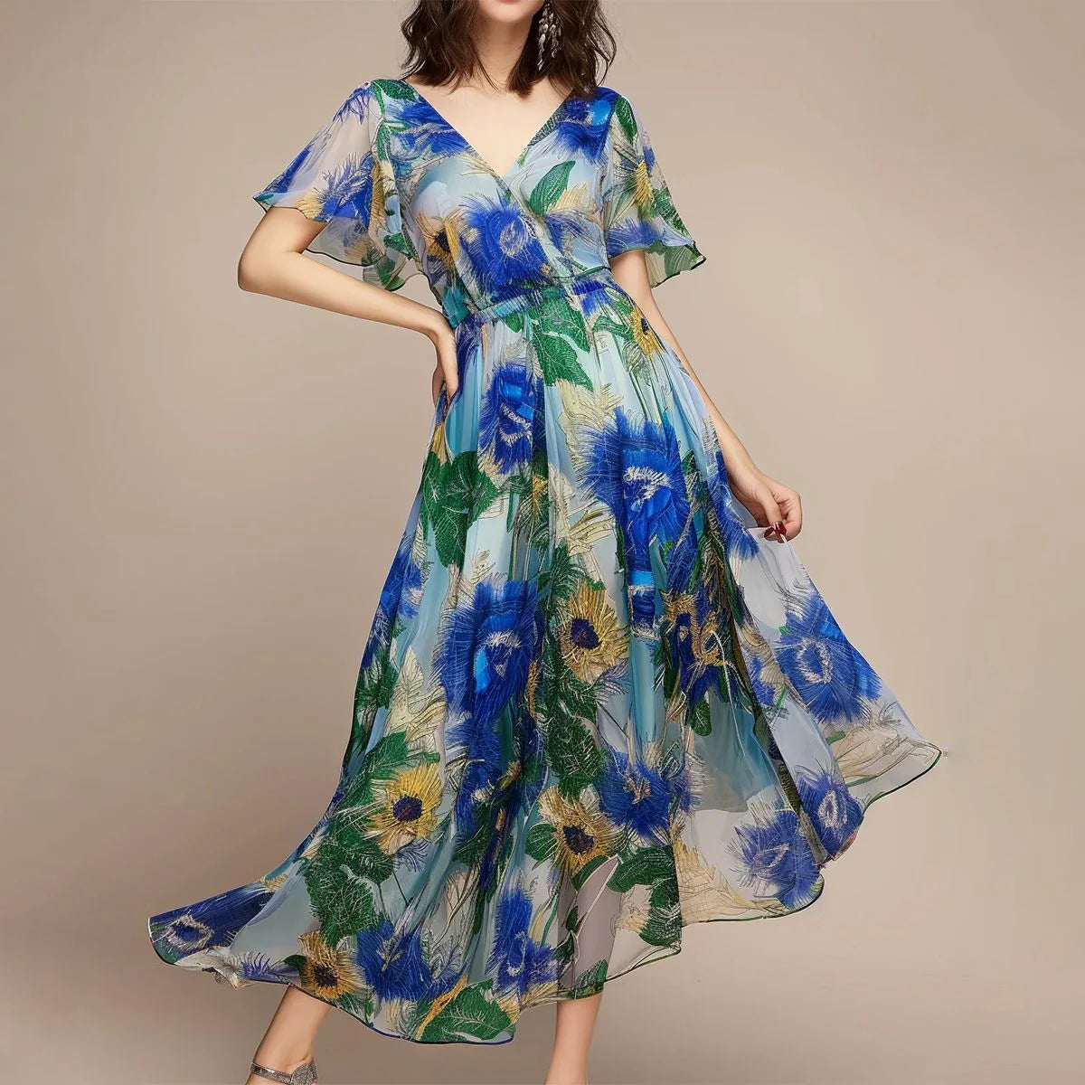 Olivia - kortærmet maxikjole med romantisk blomsterprint