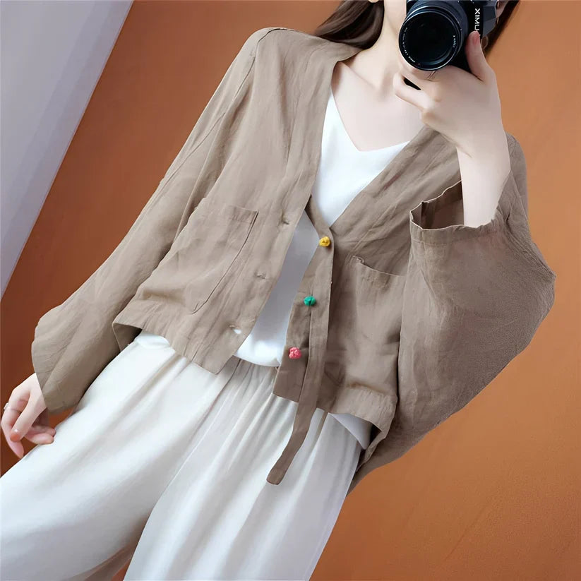 Shelia løs kort cardigan med lommer – dame