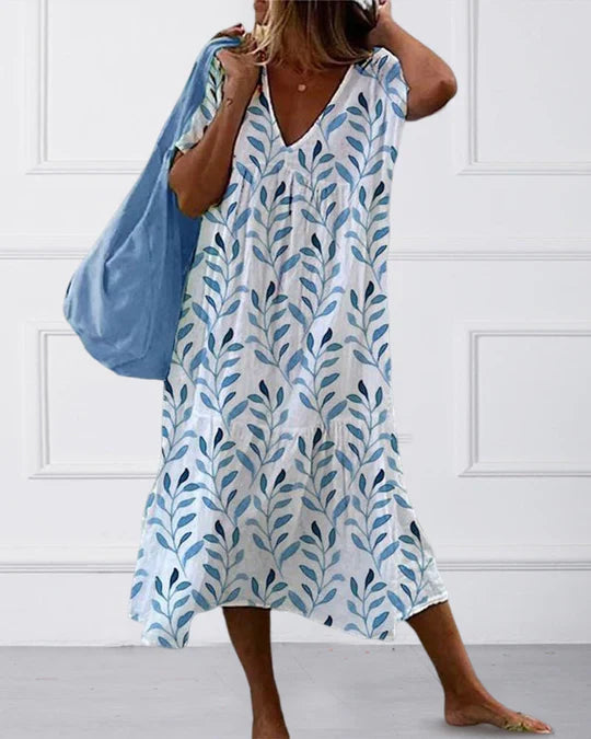 Boho midikjole med bladtryk med flydende snit