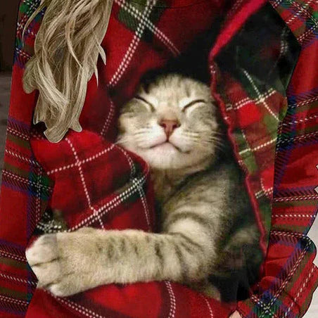 Kirsebærfarvet casual sweatshirt med kattetryk