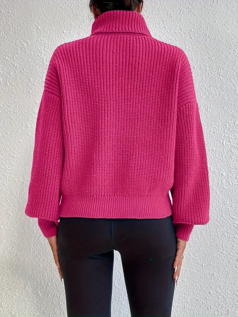 Chic sweater med drop shoulder, lanterneærmer og rullekrave