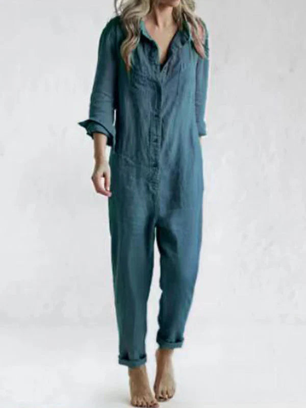 Afslappet langærmet jumpsuit med knappede revers