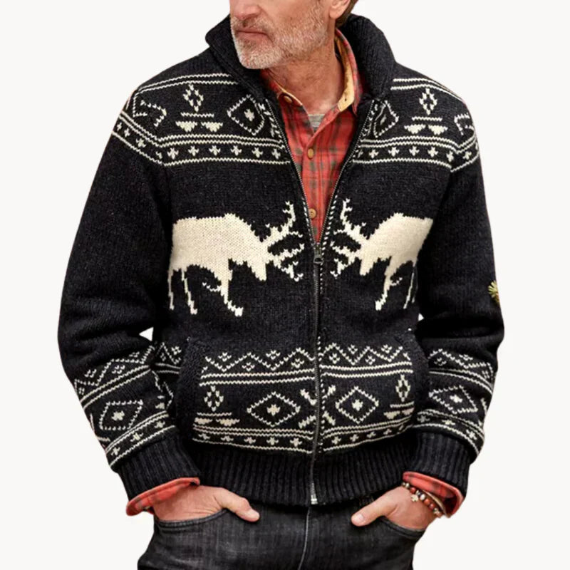 Mountridge - hyggelig herresweaterjakke i patchworkdesign med rensdyrmotiv