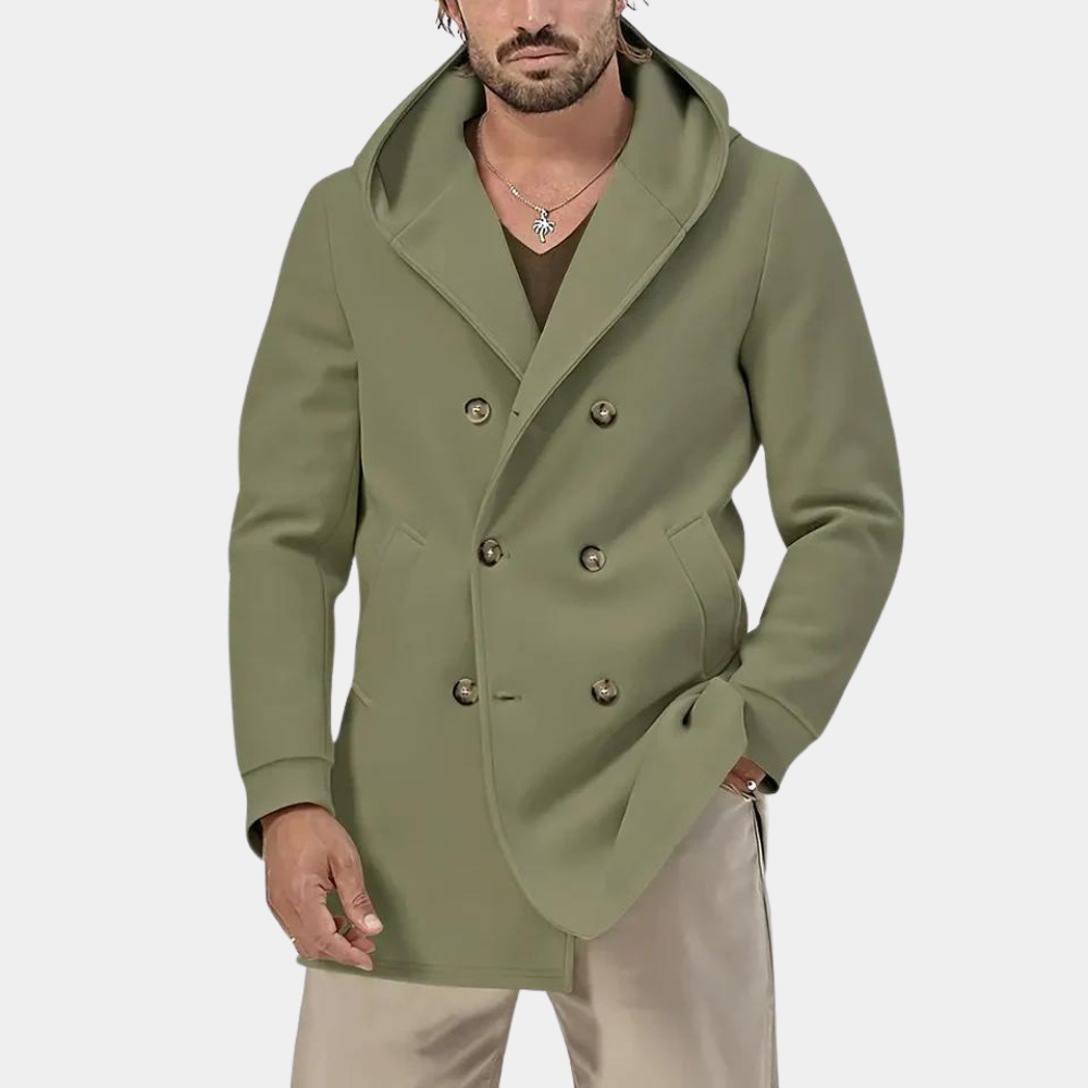 Stilfuld trenchcoat til mænd med en praktisk hætte for et afslappet look
