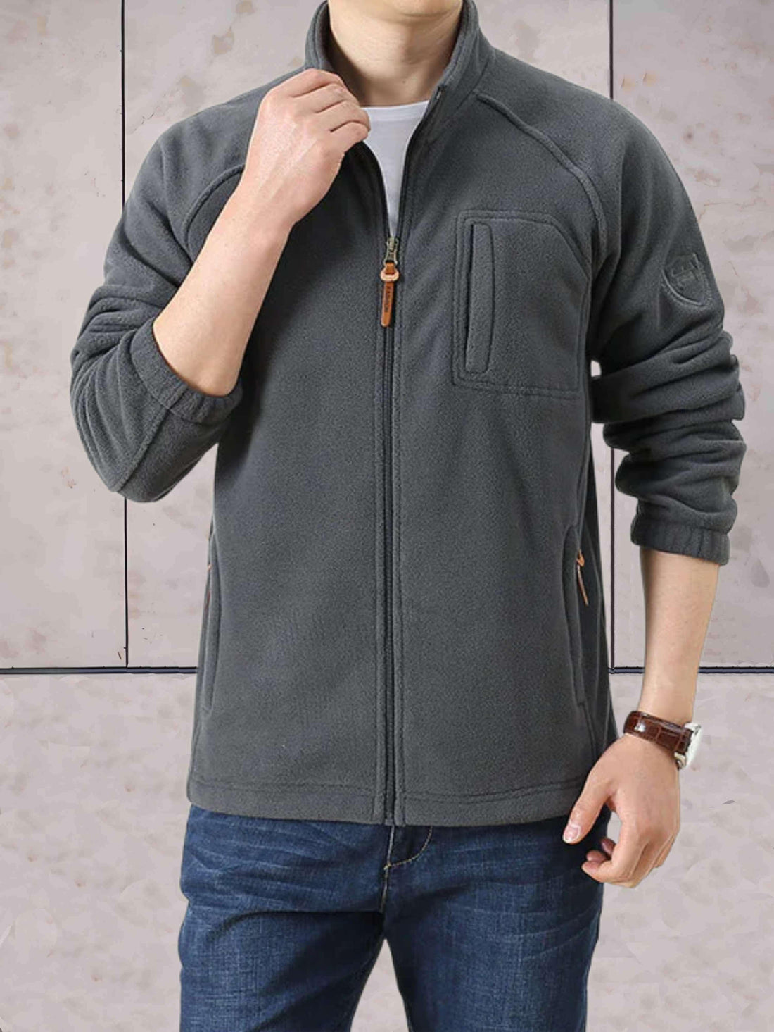 Fleecejakker med stand-up krave, tofarvet design og lynlås