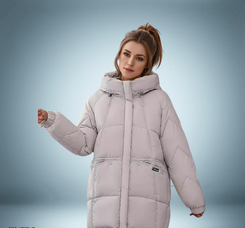 Moderigtig dunjakke i grå