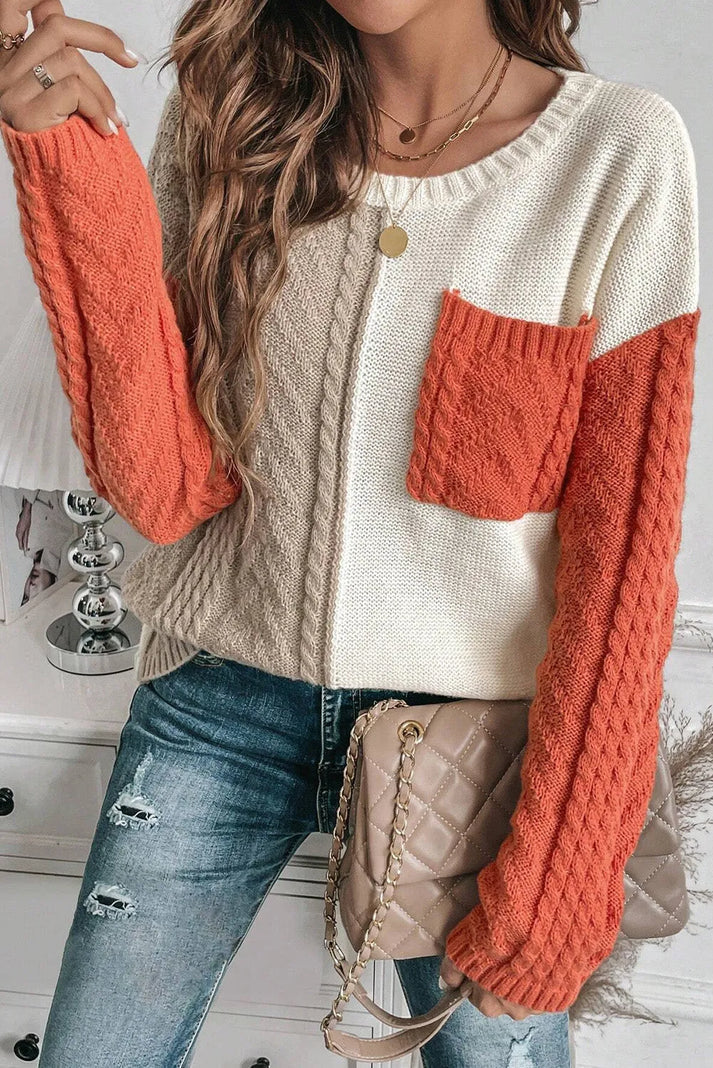 Trendy sweater med rund hals og farveblokke til vinter