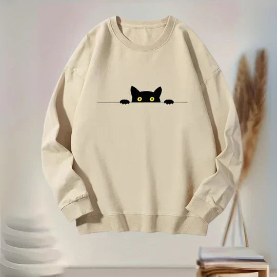Katie - behagelig sweatshirt til kvinder med sort katteprint