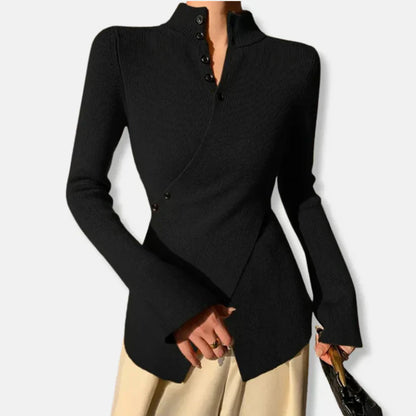 Fiona – slim fit strikket sweater med høj krave og knapdetaljer