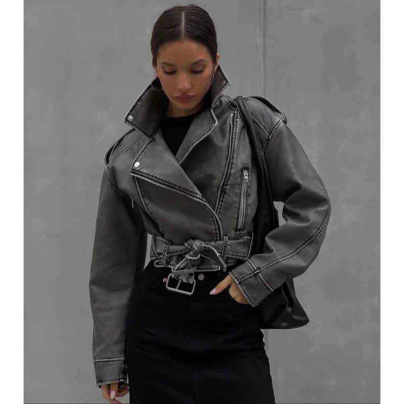 Vegansk bikerjakke til kvinder med bælte og lynlås