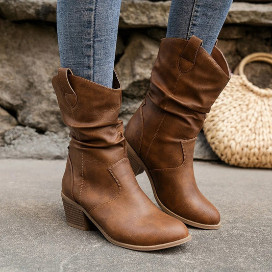 PU læder anti-slip lavhælede cowboystøvler til kvinder - Abrela