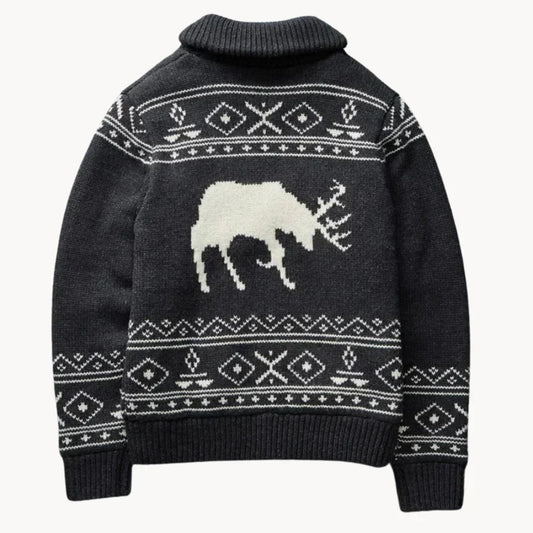 Mountridge - hyggelig herresweaterjakke i patchworkdesign med rensdyrmotiv
