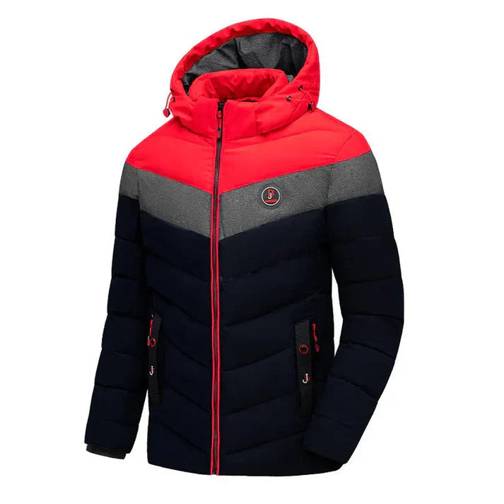 Hættejakke med justerbart design i trefarvet look