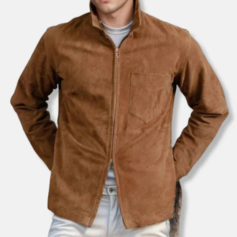 Emil – slim fit ruskindsjakke med opretstående krave og lynlås