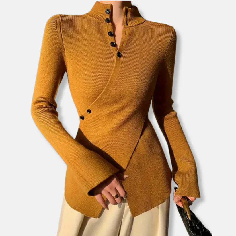 Fiona – slim fit strikket sweater med høj krave og knapdetaljer