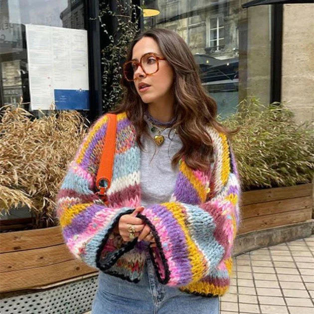 Emily plaid cardigan med regnbuestriber