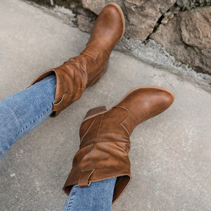 PU læder anti-slip lavhælede cowboystøvler til kvinder - Abrela