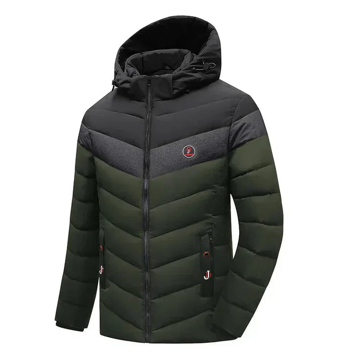 Hættejakke med justerbart design i trefarvet look