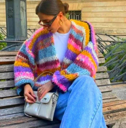 Emily plaid cardigan med regnbuestriber
