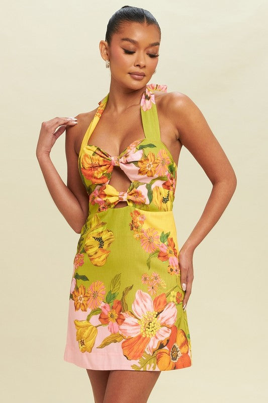 Venteliste 7/31 ♥ jules halterneck med udskæringer i blomsterprint minikjole grøn