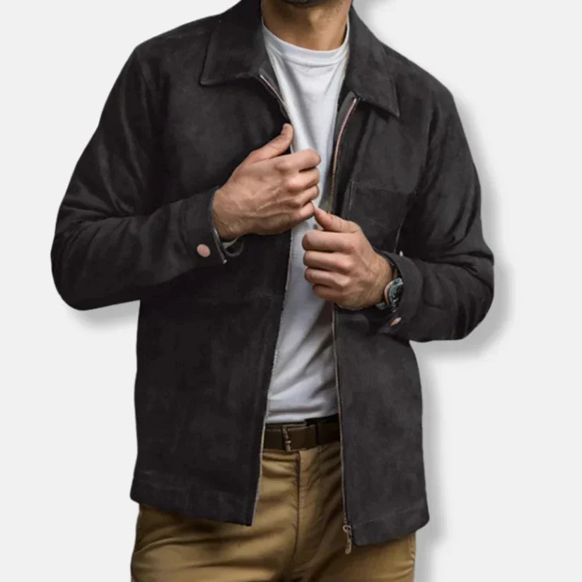 Emil – slim fit ruskindsjakke med opretstående krave og lynlås