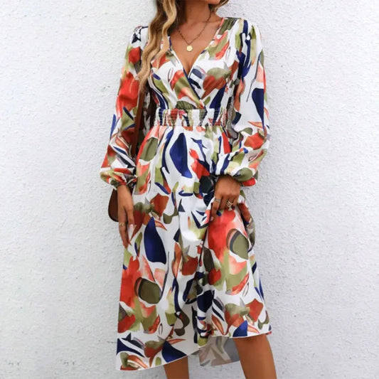 Emily – elegant langærmet midikjole med geometrisk print