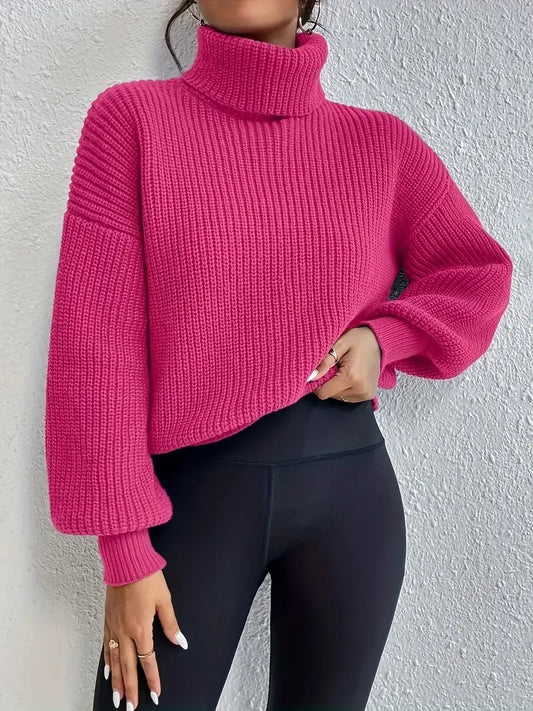 Chic sweater med drop shoulder, lanterneærmer og rullekrave