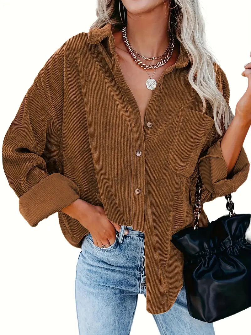 Elegant langærmet skjortebluse i fløjl til kvinder