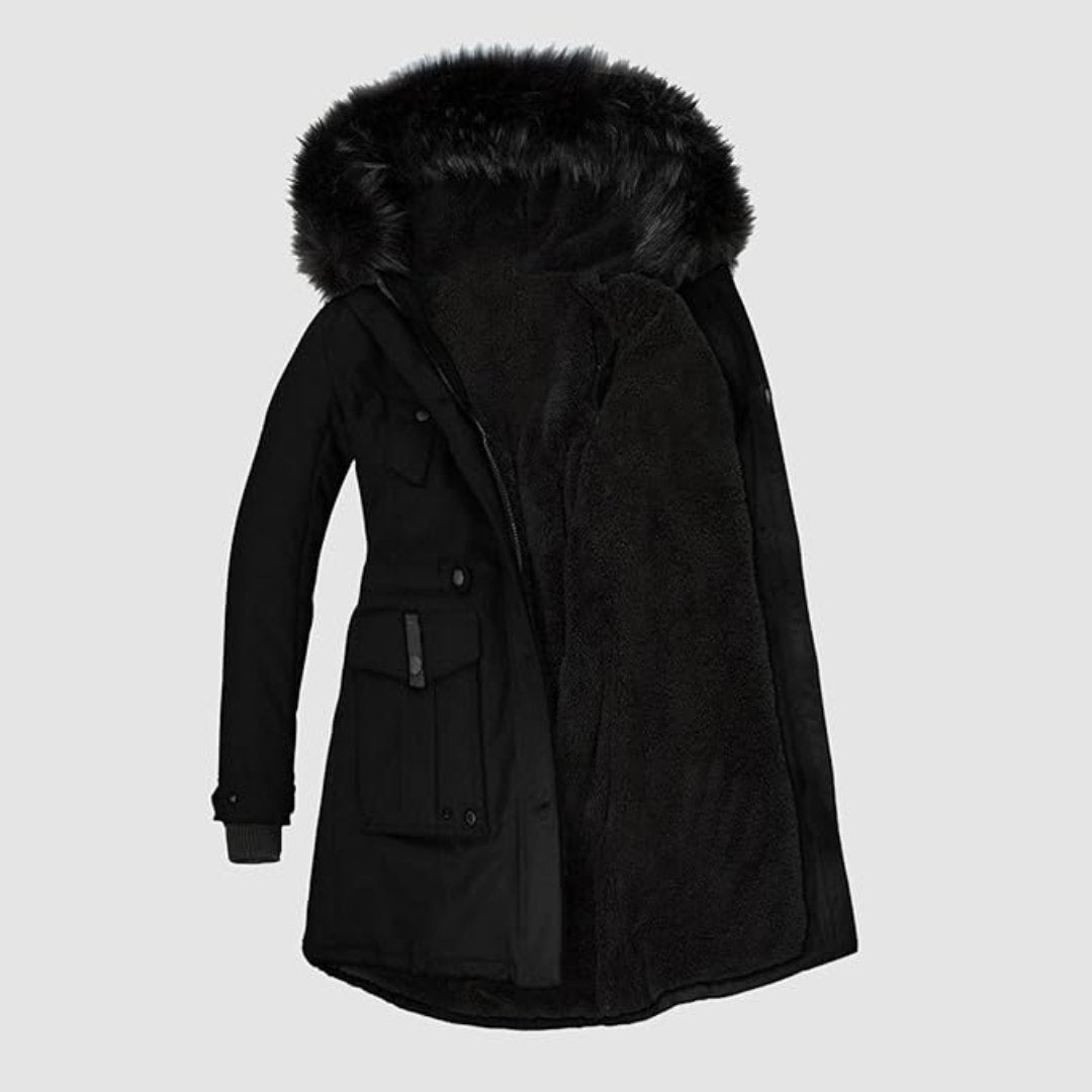 Stilfuld parka til kvinder med sort imiteret pels