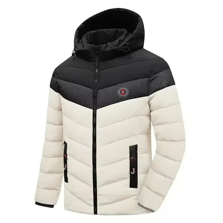Hættejakke med justerbart design i trefarvet look