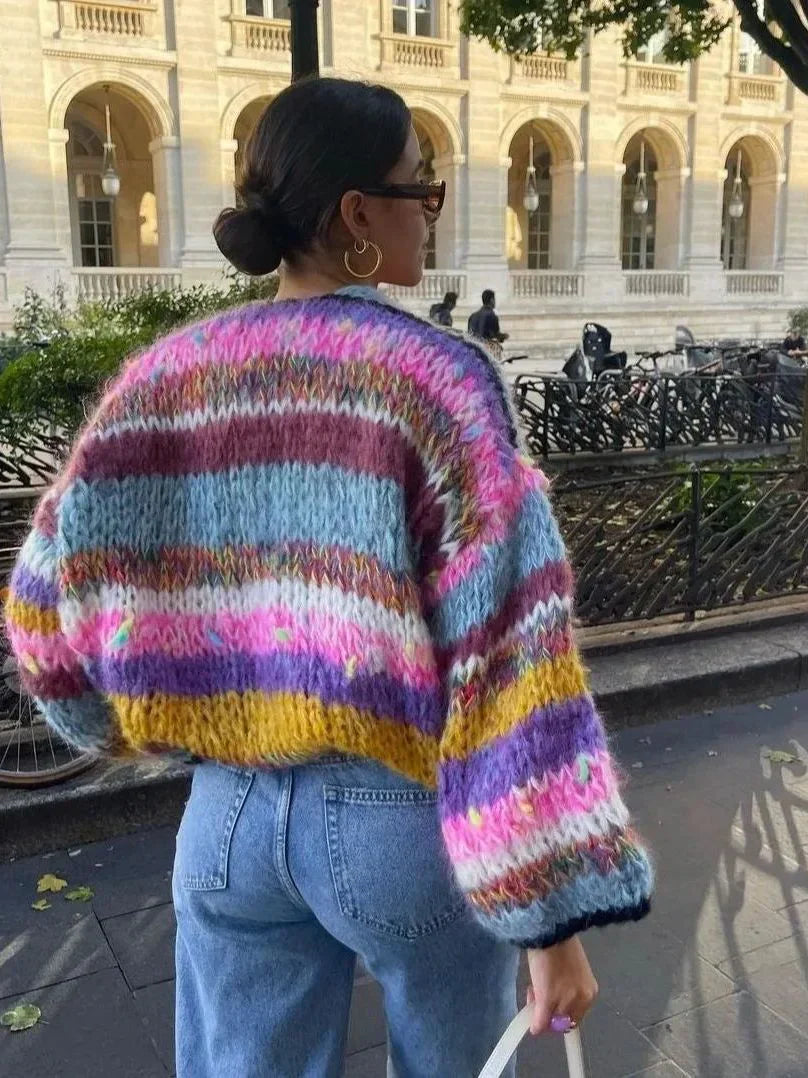 Emily plaid cardigan med regnbuestriber
