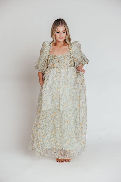 Melody maxi dress med læg og sløjfedetalje i sage floral - bump friendly & Inclusive sizing (S-3XL)
