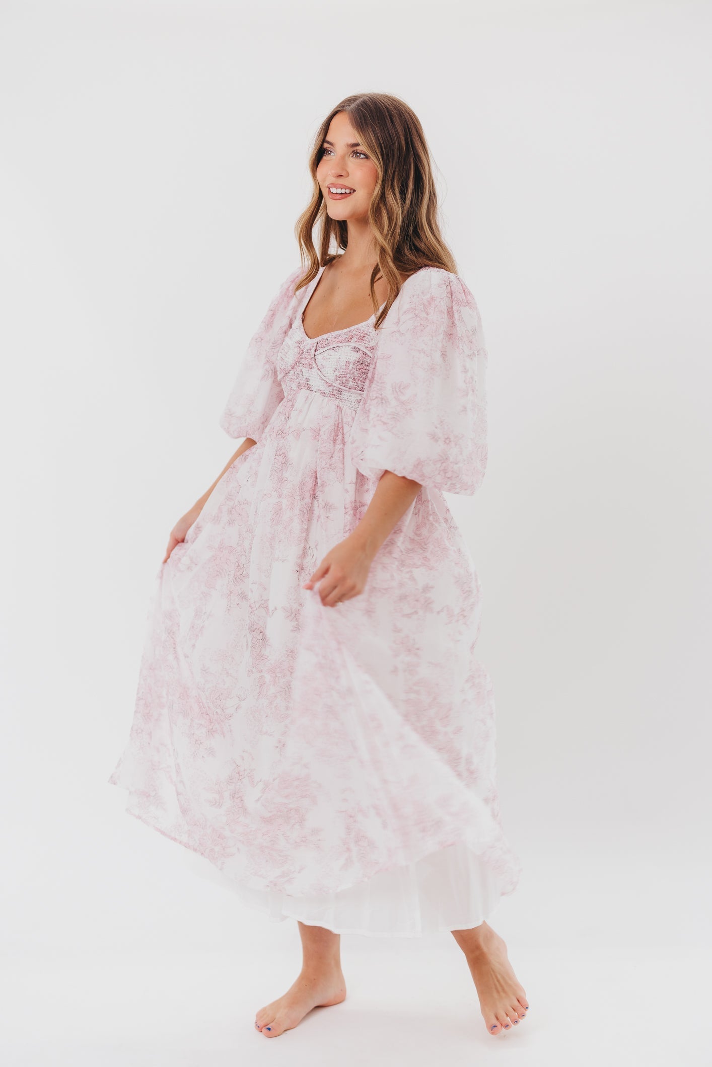 Harlow midi-kjole i lyserød blomstret - bump friendly & Inclusive sizing (S-3XL)