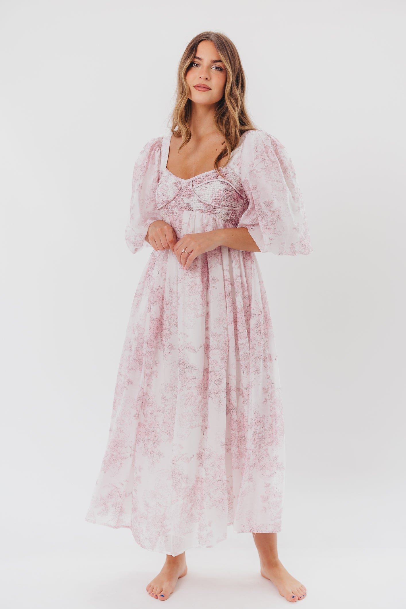 Harlow midi-kjole i lyserød blomstret - bump friendly & Inclusive sizing (S-3XL)