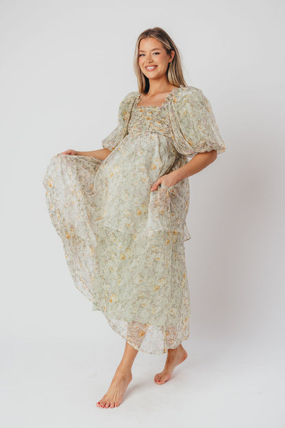Melody maxi dress med læg og sløjfedetalje i sage floral - bump friendly & Inclusive sizing (S-3XL)