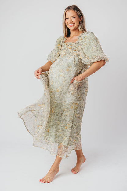 Melody maxi dress med læg og sløjfedetalje i sage floral - bump friendly & Inclusive sizing (S-3XL)