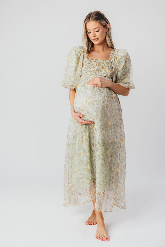 Melody maxi dress med læg og sløjfedetalje i sage floral - bump friendly & Inclusive sizing (S-3XL)