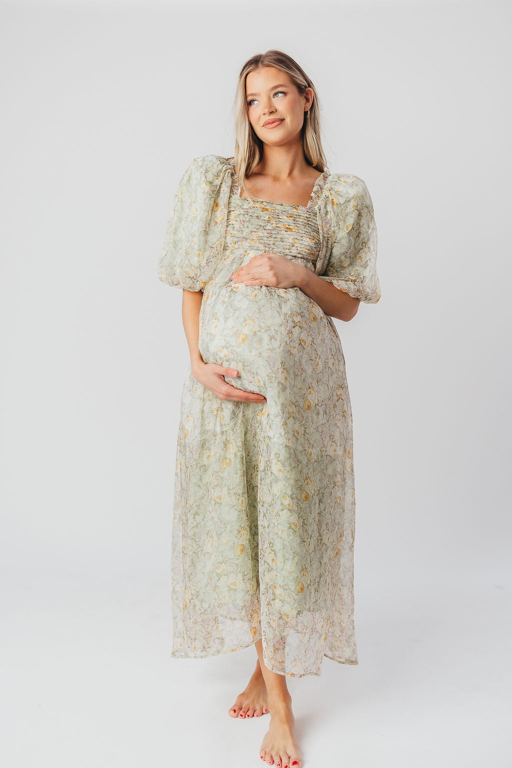 Melody maxi dress med læg og sløjfedetalje i sage floral - bump friendly & Inclusive sizing (S-3XL)