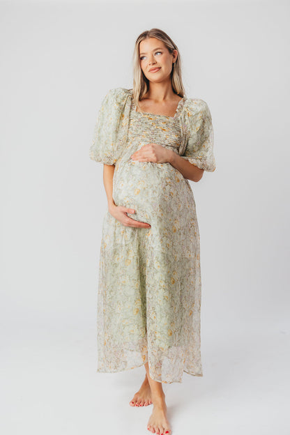 Melody maxi dress med læg og sløjfedetalje i sage floral - bump friendly & Inclusive sizing (S-3XL)