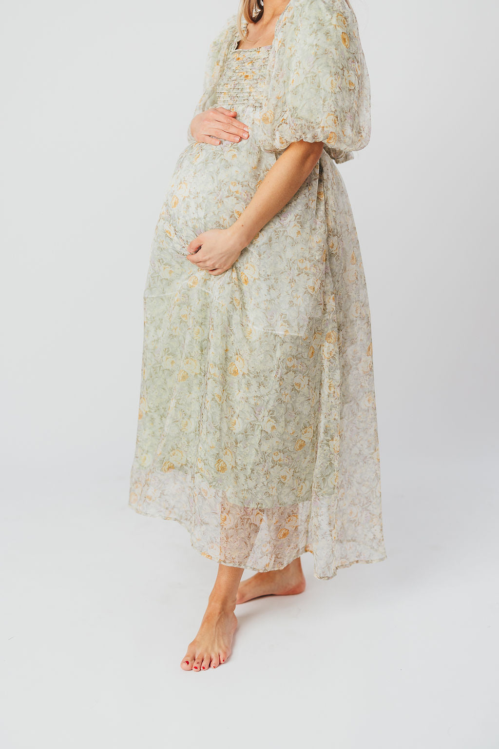Melody maxi dress med læg og sløjfedetalje i sage floral - bump friendly & Inclusive sizing (S-3XL)