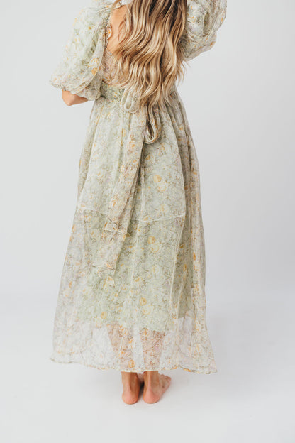 Melody maxi dress med læg og sløjfedetalje i sage floral - bump friendly & Inclusive sizing (S-3XL)