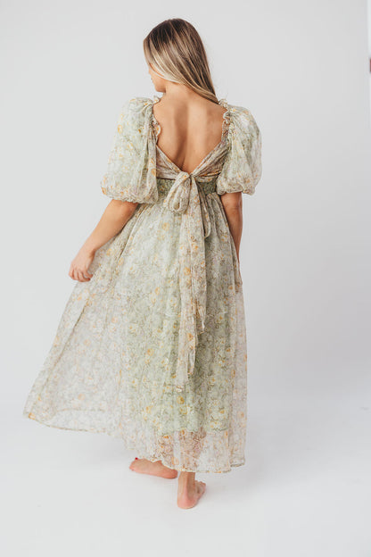 Melody maxi dress med læg og sløjfedetalje i sage floral - bump friendly & Inclusive sizing (S-3XL)