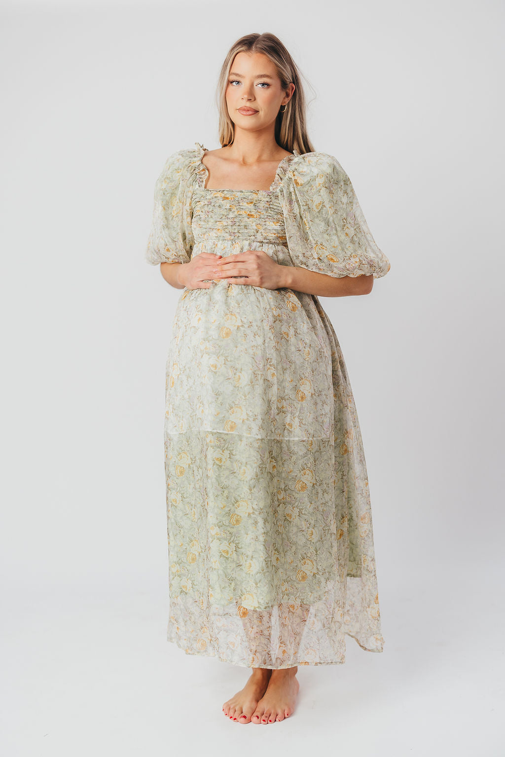 Melody maxi dress med læg og sløjfedetalje i sage floral - bump friendly & Inclusive sizing (S-3XL)