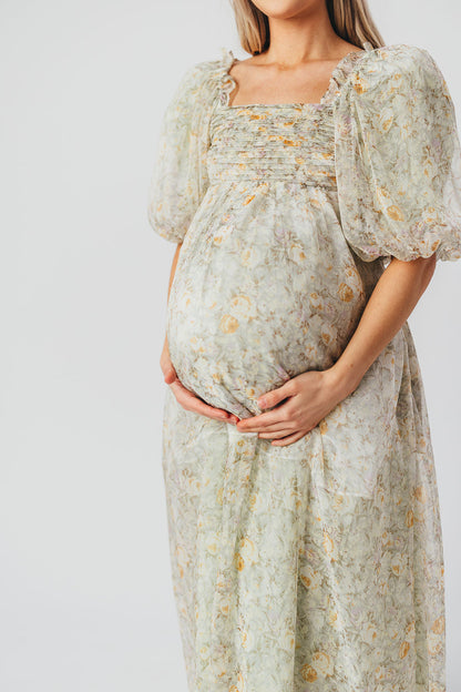 Melody maxi dress med læg og sløjfedetalje i sage floral - bump friendly & Inclusive sizing (S-3XL)
