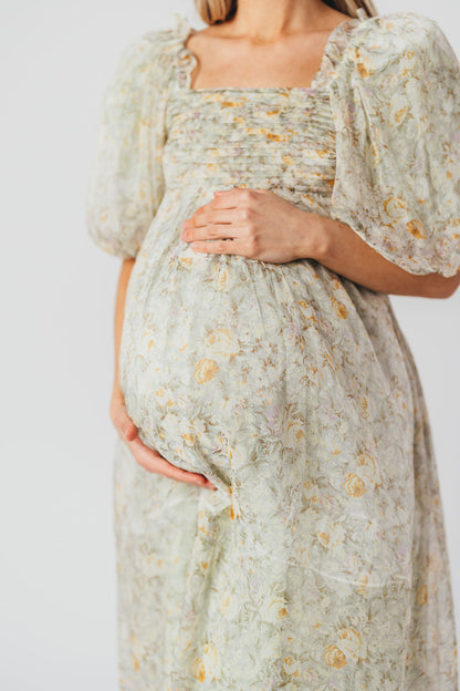 Melody maxi dress med læg og sløjfedetalje i sage floral - bump friendly & Inclusive sizing (S-3XL)