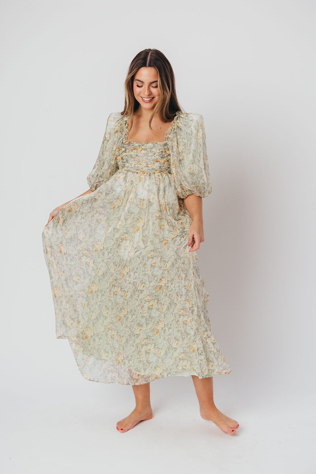 Melody maxi dress med læg og sløjfedetalje i sage floral - bump friendly & Inclusive sizing (S-3XL)