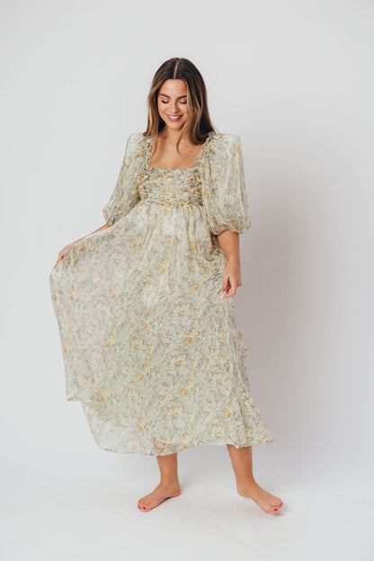 Melody maxi dress med læg og sløjfedetalje i sage floral - bump friendly & Inclusive sizing (S-3XL)