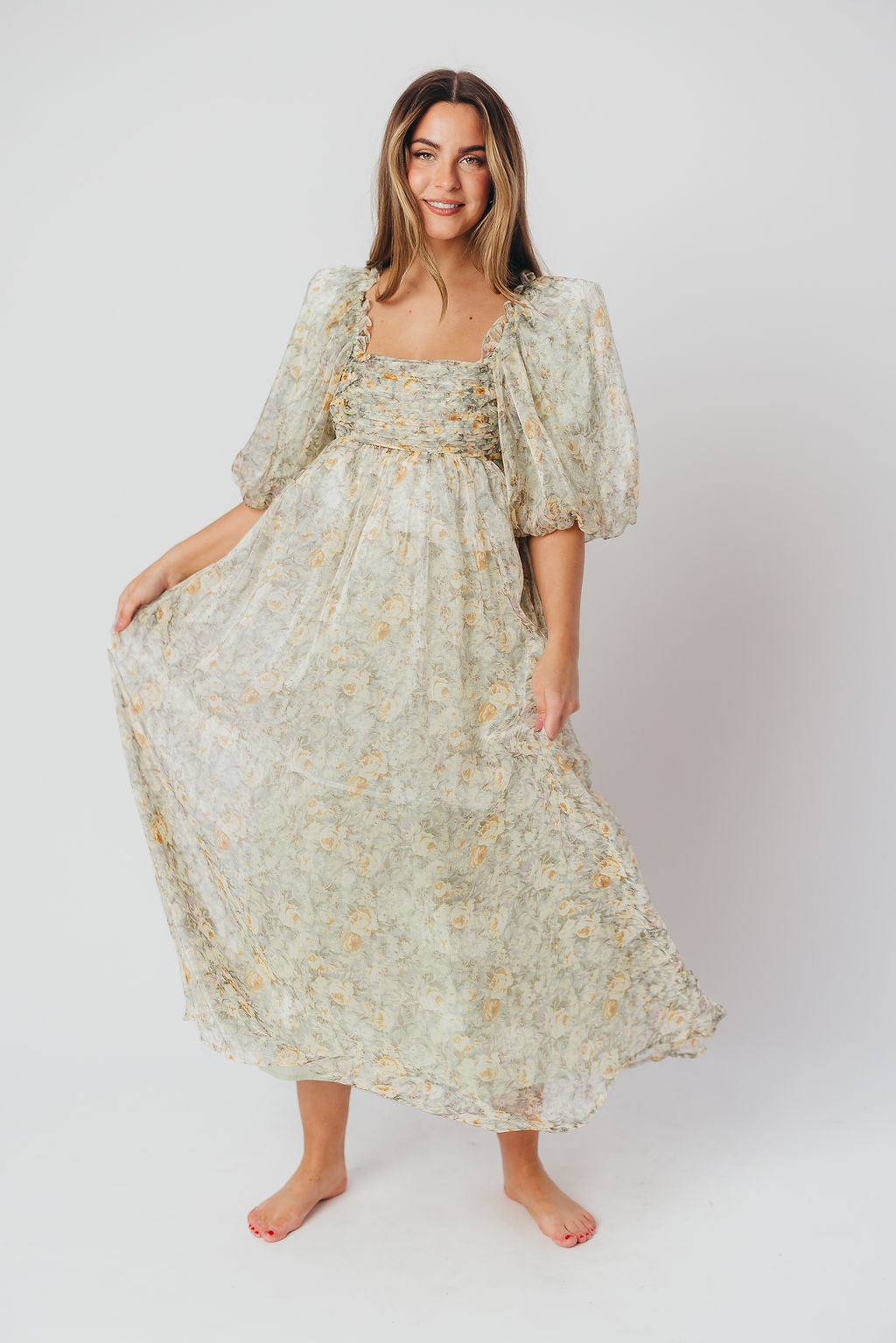 Melody maxi dress med læg og sløjfedetalje i sage floral - bump friendly & Inclusive sizing (S-3XL)