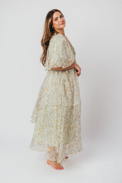 Melody maxi dress med læg og sløjfedetalje i sage floral - bump friendly & Inclusive sizing (S-3XL)