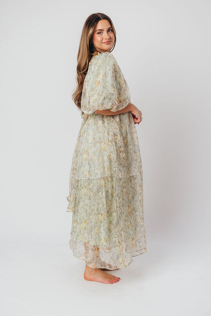 Melody maxi dress med læg og sløjfedetalje i sage floral - bump friendly & Inclusive sizing (S-3XL)